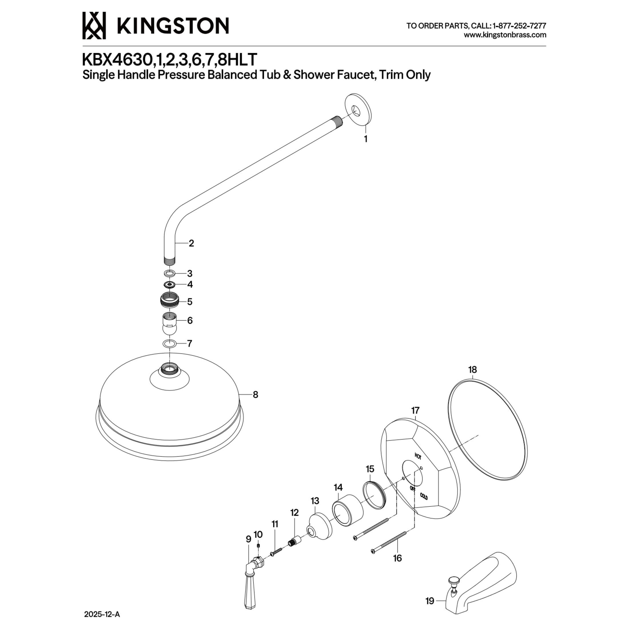 Kingston Brass KBX4632HLT Metropolitan Single-Handle Tub and Shower Faucet, Trim Only, Polished Brass