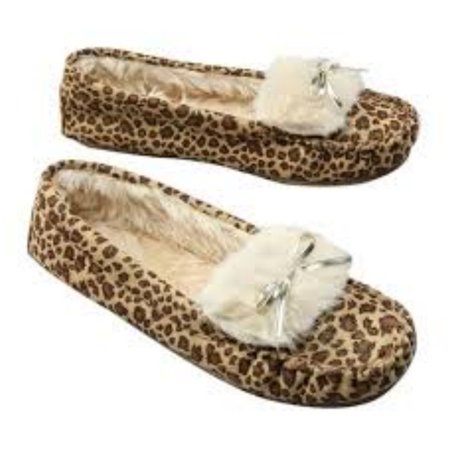 Envision Studio Womens Metallic Leopard Print Slippers Faux Fur Envision Studio Womens Metallic Leopard Print Slippers Faux Fur Moccasins
