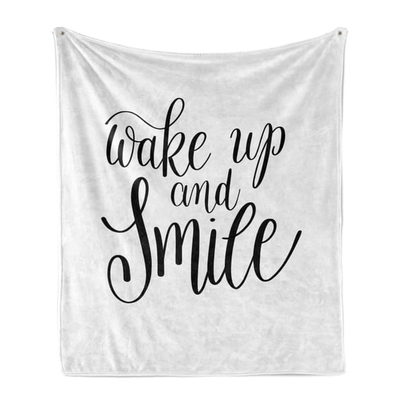 Saying Soft Flannel Fleece Blanket, Simple Monochrome Cursive Wake up and Smile Calligraphy Positive Words, Cozy Plush for Indoor and Outdoor Use, 70" x 90", Charcoal Grey and White, by Ambesonne