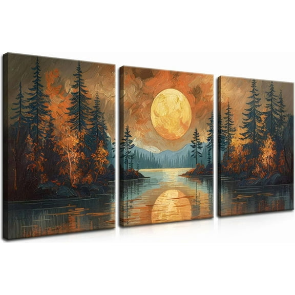 Framed Wildflower Mountain Landscape Wall Art Set of 3, Colorful Floral Wall Decor, Boho Sunset Landscape Canvas Artwork, Earth Tone Botanical Poster Prints for Living Room Bedroom 12x16 Inch