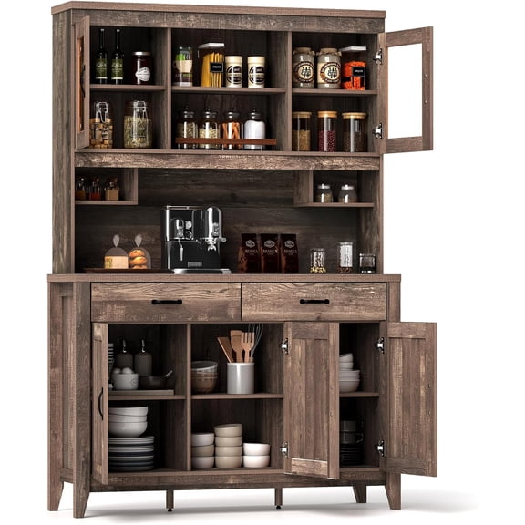 78.5" Tall Kitchen Hutch Storage Cabinet, Large Buffet Cupboard with Glass Doors, Drawers, Adjustable Shelves, Wooden Kitchen Pantry Cabinet with Microwave Shelf for Home Coffee Bar