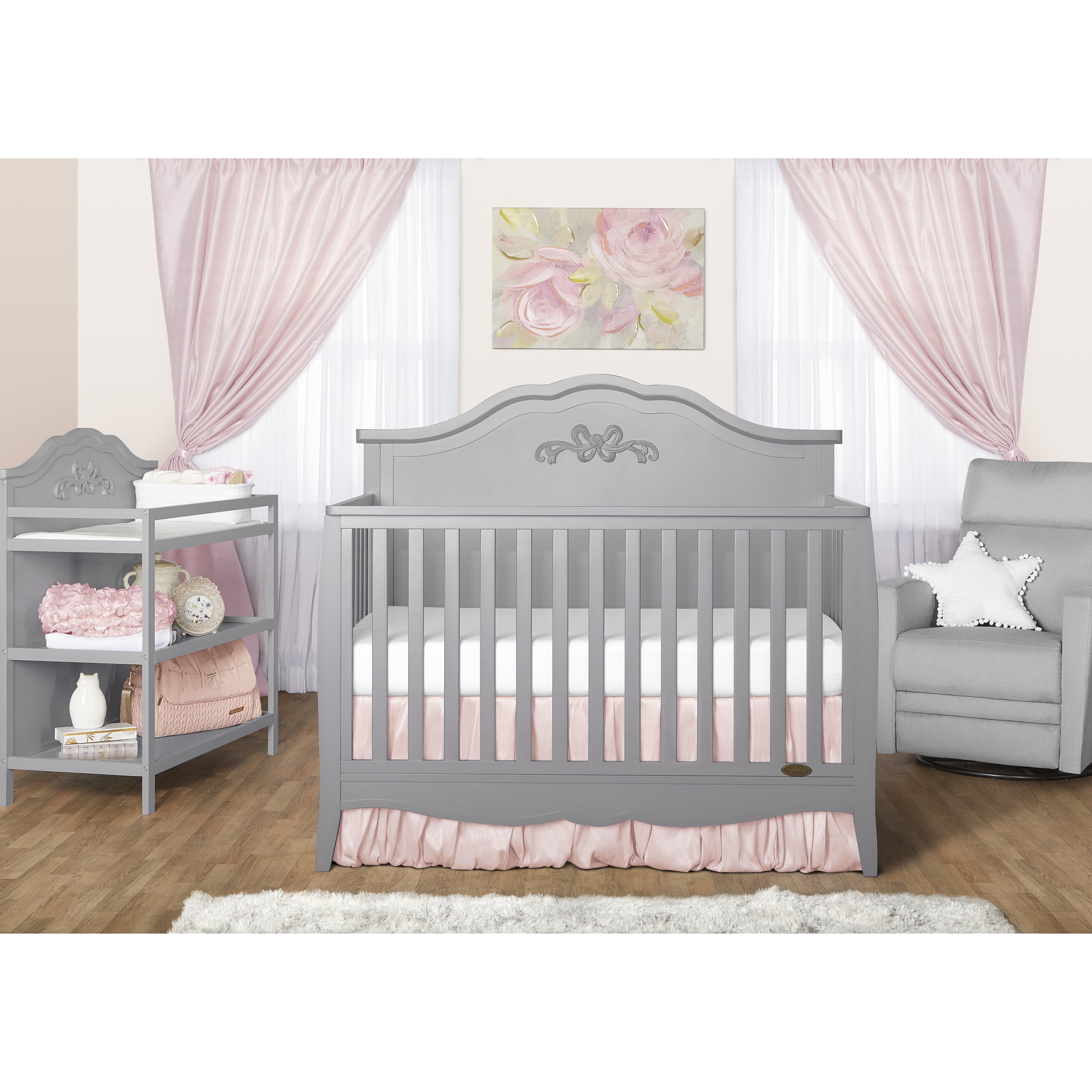 Slumber Baby Nursery Essentials Bundle Jasmine 4 in 1 Convertible Crib, Slumber Baby Jasmine Changing Table, with a Dream On Me Honeycomb Orthopedic Firm Fiber Standard Crib Mattress In Platinum