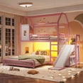 thumbnail image 2 of Leumius Twin over Full Playhouse Metal Bunk Bed with Slide & Ladder, House Shaped Bunk Bed with LED Light Strip, Privacy Curtain, Movable Storage Cabinet and Hanging Rod for Bedroom Pink, 2 of 9