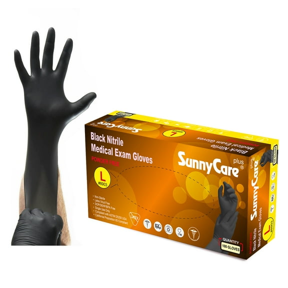 100Pcs SunnyCare 5Mil Black Nitrile Medical Exam Gloves Powder Free (Non Vinyl Latex) Size: Large Item# 8903-box