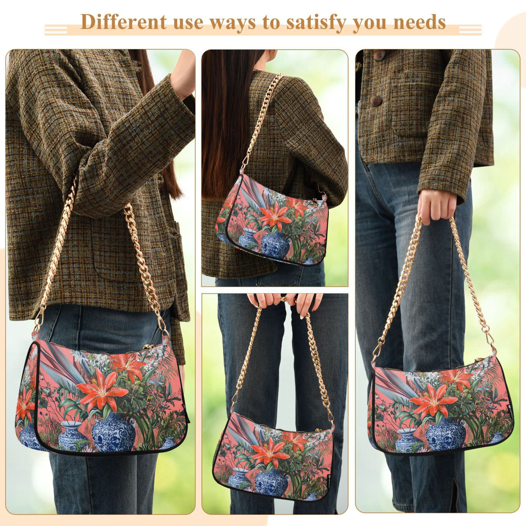 FORMRS Womens Shoulder Bag with Chain Strap Clutch Purse Cute Tote Handbag, Orange Vibrant Flowers