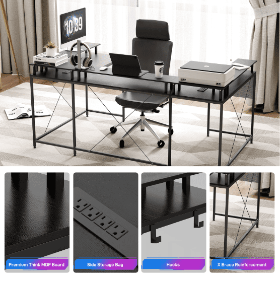 Huisuilinss U Shaped Desk Large Corner Office Desk With Monitor Stands PC Gaming Desk With Power Outlet & LED Lights Reversible L Shaped Computer Desk For Home Office