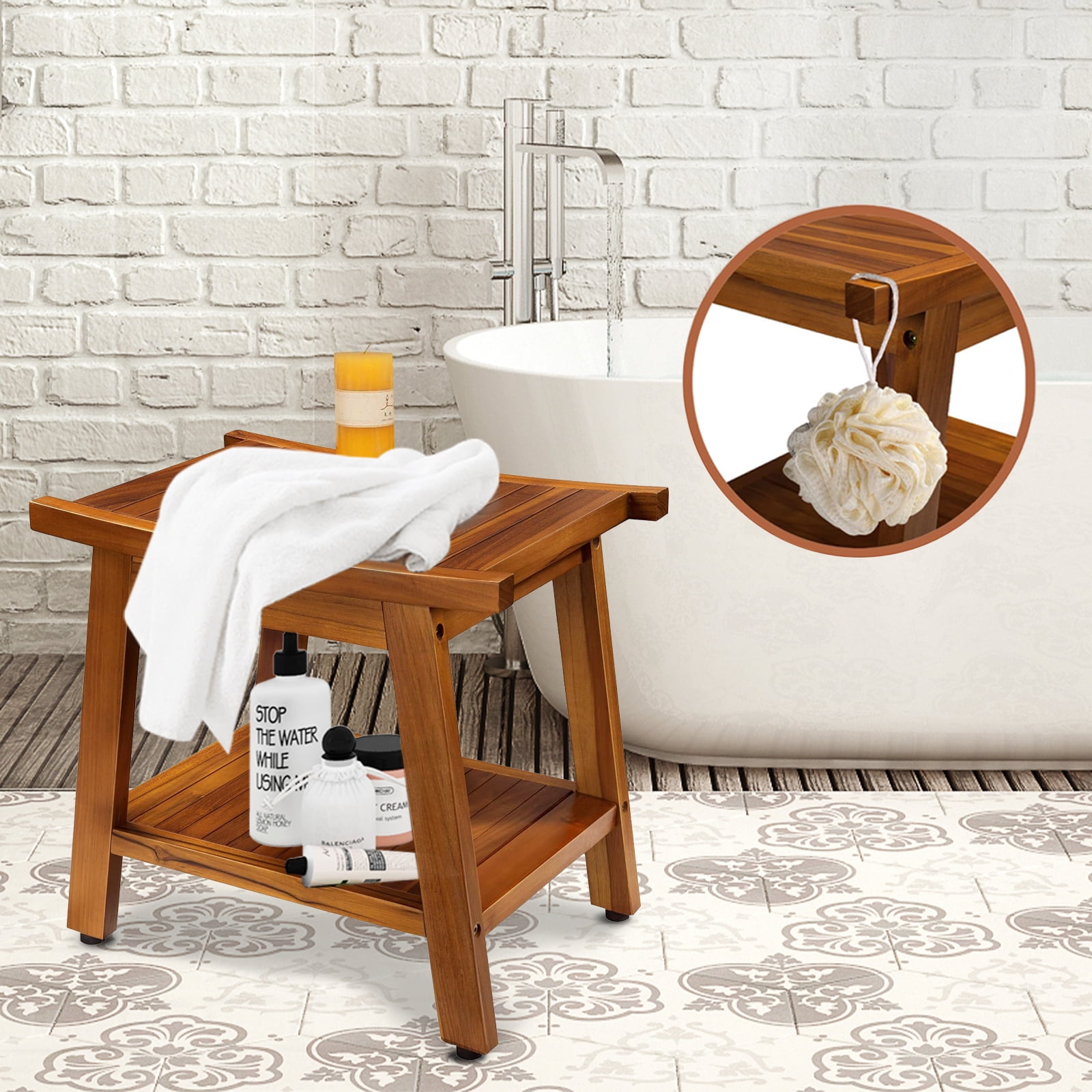 Teak Shower Bench Seat with Storage Towel Shelf Portable