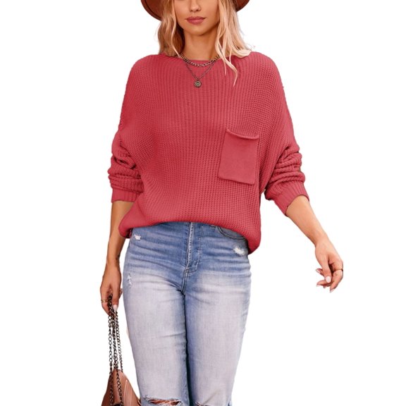 Soft Ribbed Knit Pocket Sweater Top Relaxed Loose Fit Oversized for Women Red Small