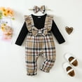 thumbnail image 2 of Kucnuzki Newborn Baby Girls Rompers Fall Round Neck Long Sleeves Plaid Print Bodysuits Autumn with Headband 2pcs Baby Girls One-piece Khaki 6-12 Months, 2 of 9