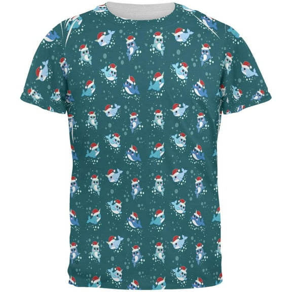 Christmas Narwhals in Santa Hats Pattern All Over Mens T Shirt Multi SM