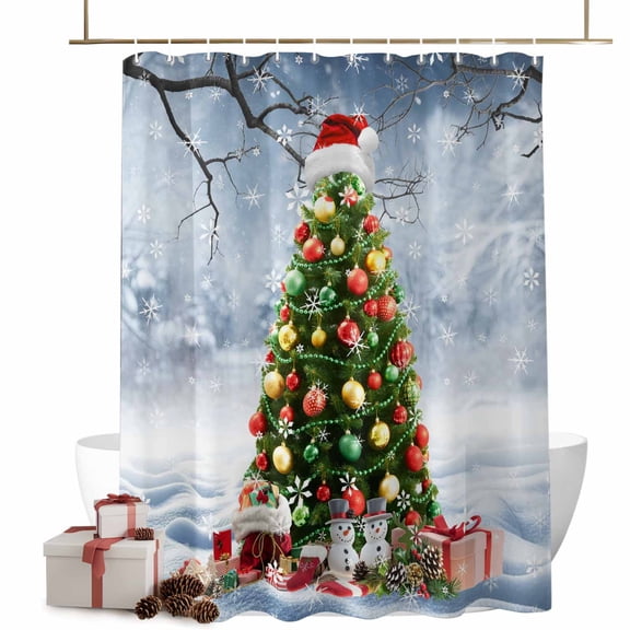 Christmas Shower Curtain Christmas Tree Xmas Balls Bathroom Curtains with Hooks, Waterproof Fabric Snowman Snowflake Bath Shower Curtains Set for Bathroom Bathtubs Xmas Decor 72x72 Inch
