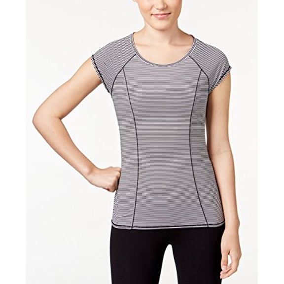 Calvin Klein Womens Performance Striped Cutout Back T-Shirt,Black/White,2XL