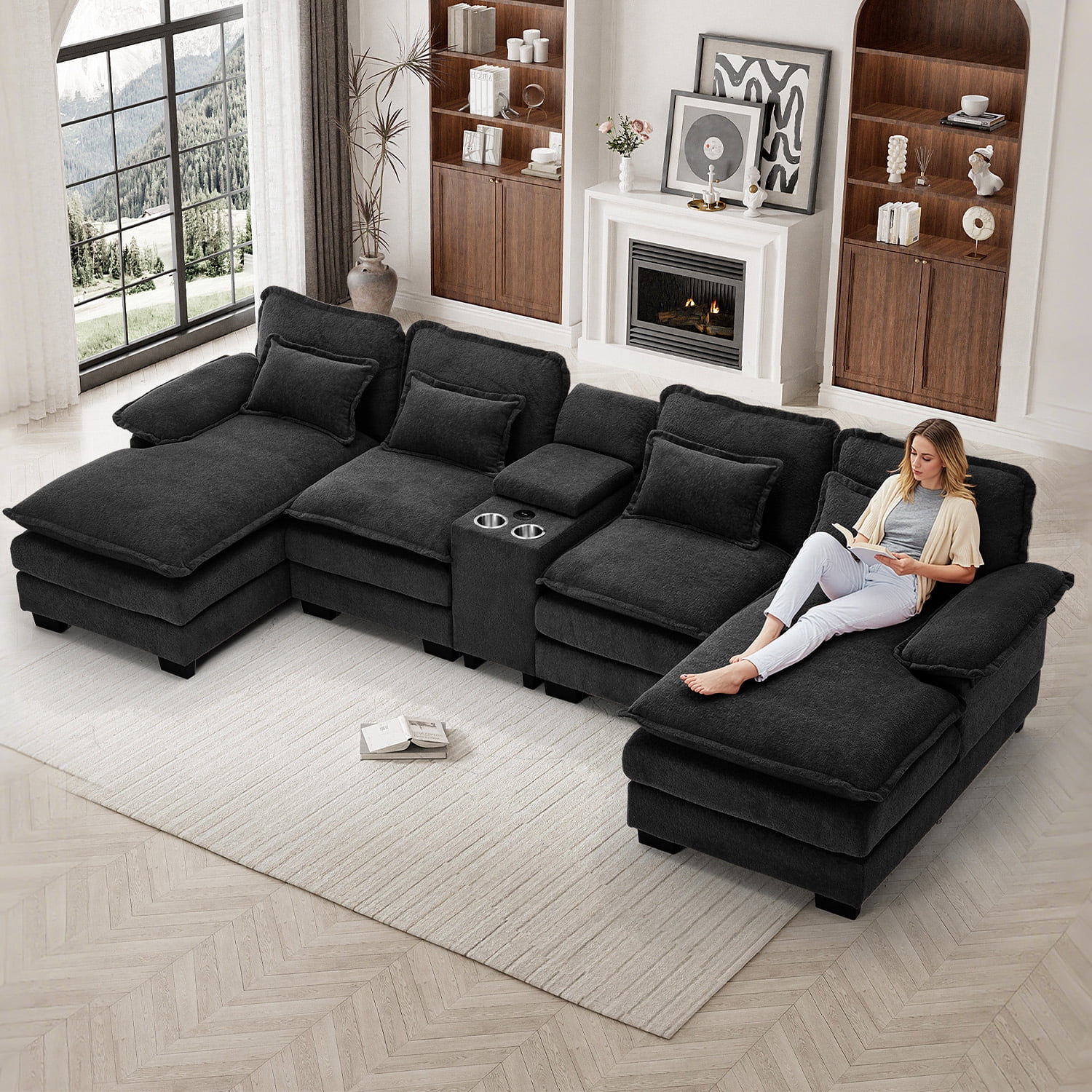 Wiilayok 133" U Shaped Cloud Couch Modular Sectional Couches for Living Room Fluffy Chenille Deep Seat Sofa Set w/ Double Chaise Lounge, Storage Central Console, Cup Holders, USB Port,Midnight Black