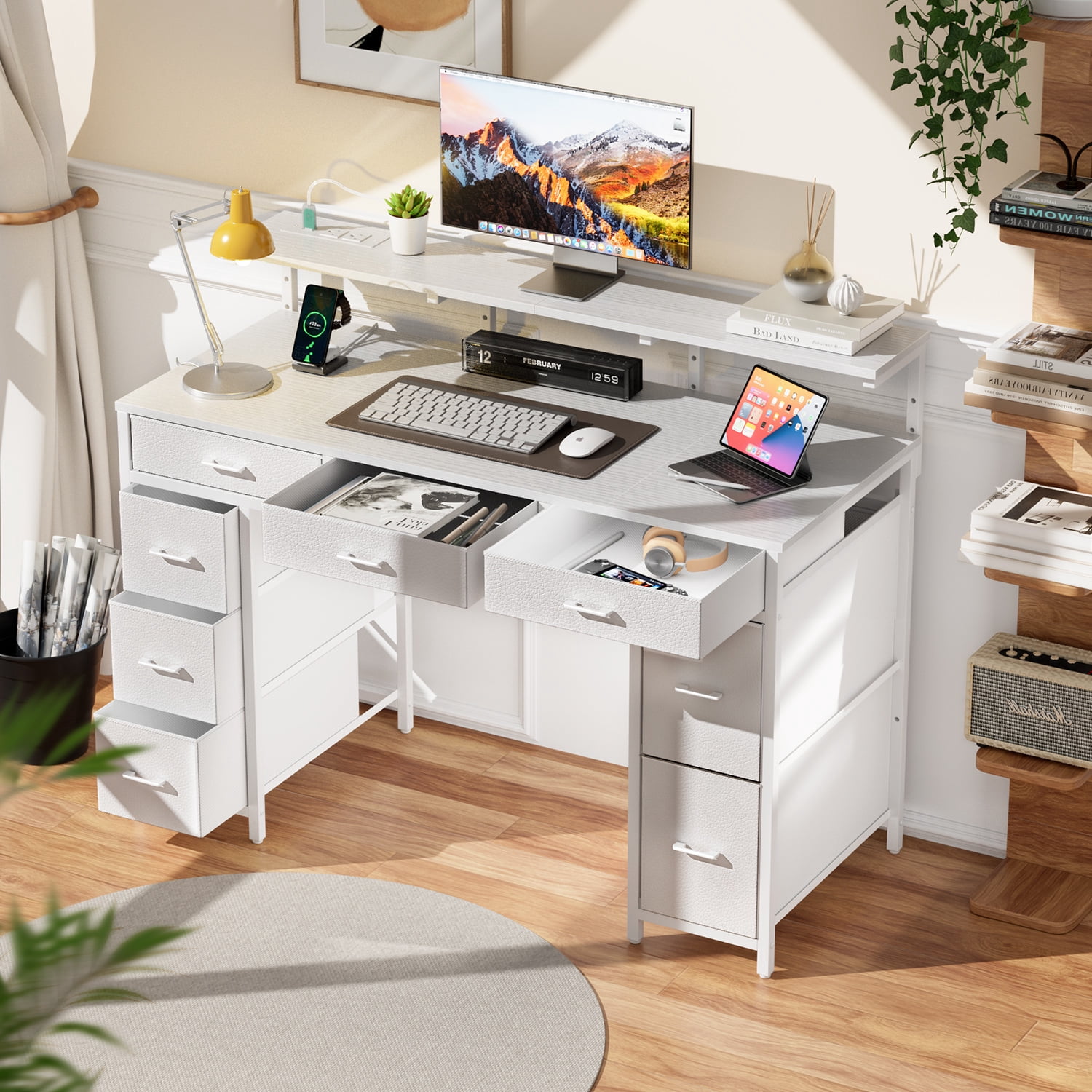 HLDIRECT 47 inch Computer Desk with 8 Drawers, Gaming Desk with LED Lights & USB Power Outlets, Home Office Table with Monitor Stand, White