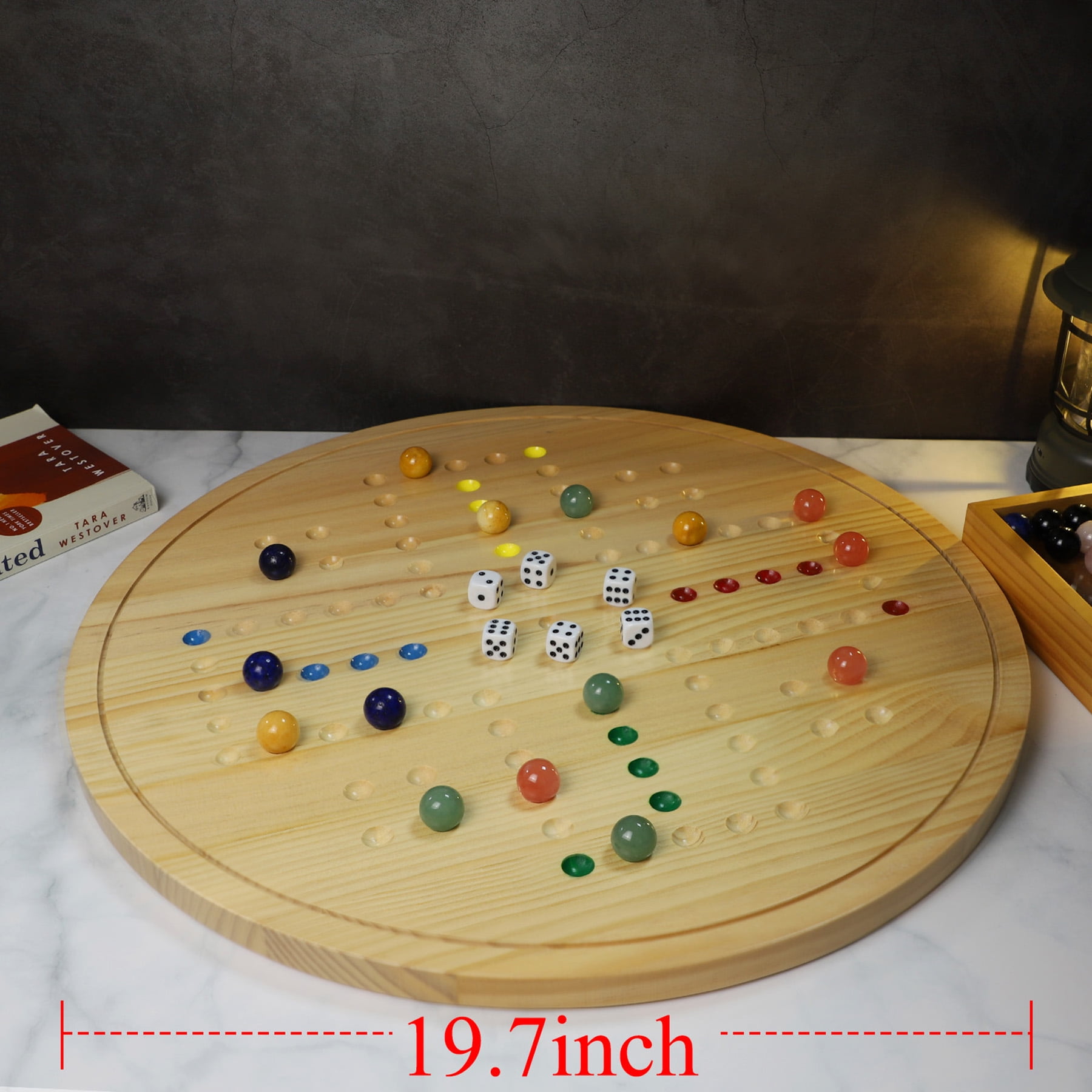 20 in Large Original Marble Game 30 Natural Marbles Wahoo Board Game Double Sided Painted Wooden Fast Track Board Game for 6 and 4Players 6Colors 30 Marbles 6 Dice for Family Friends and Party
