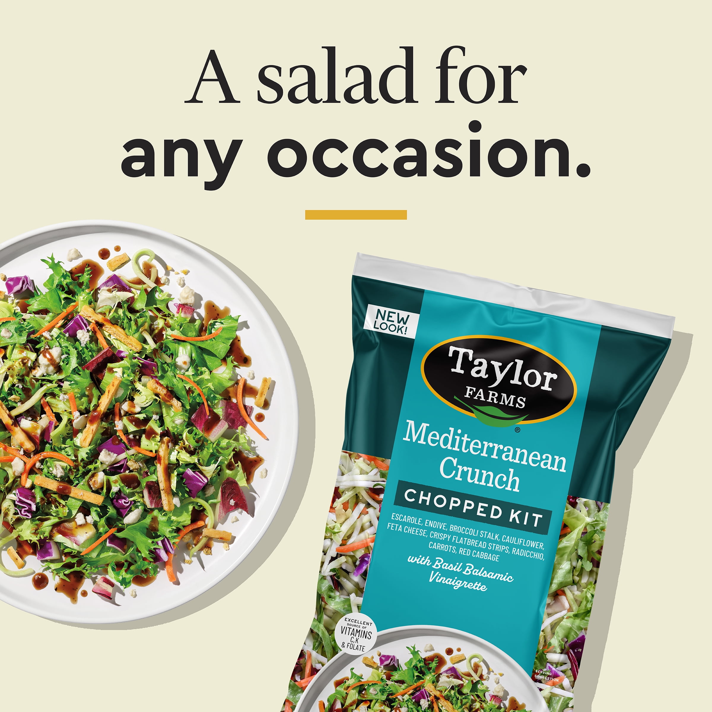 Taylor Farms Mediterranean Crunch Chopped Salad Kit, 10.89 oz Bag, Fresh, Vegetarian, Soybean Free