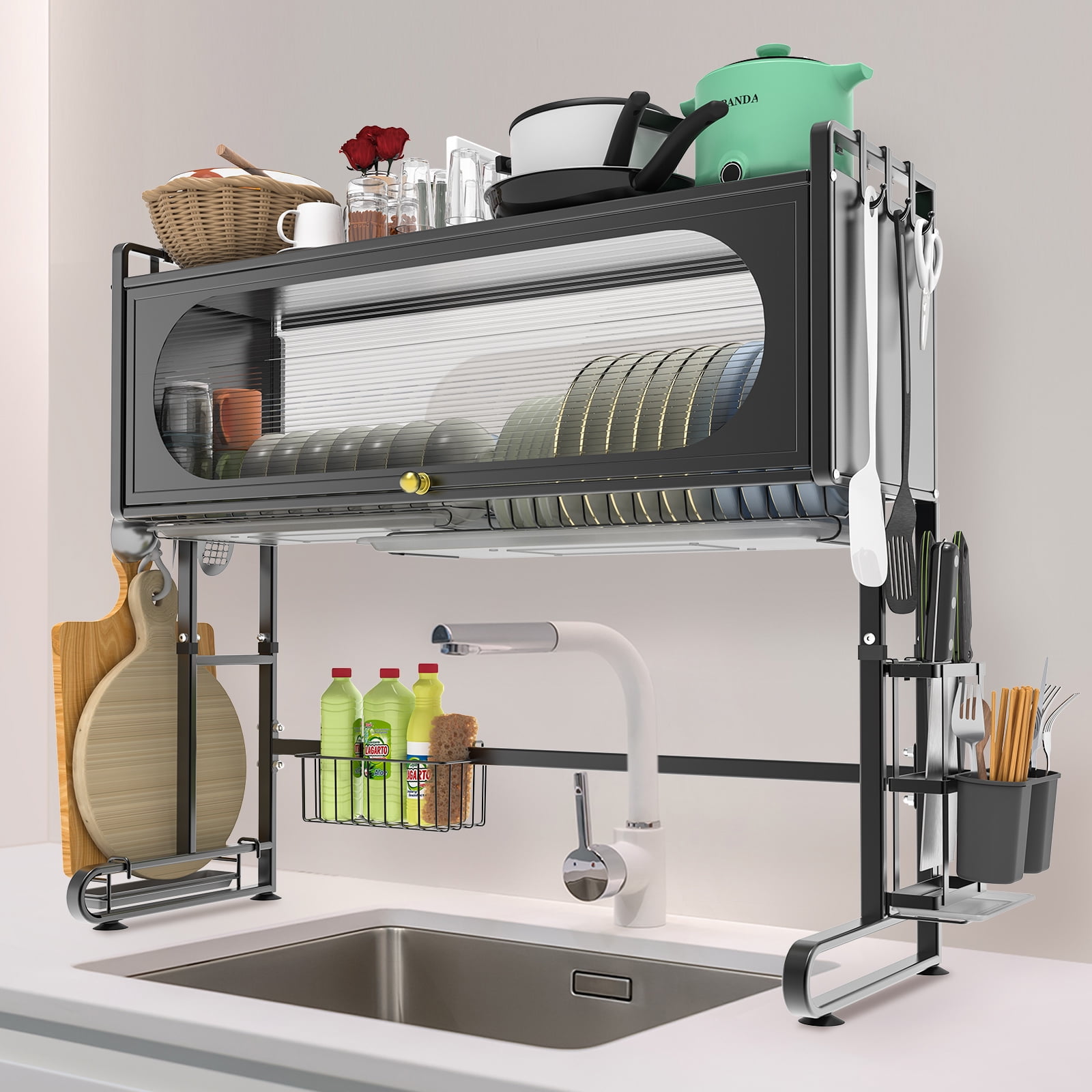 Costway 2 Tier Adjustable Kitchen Drain Set Over Sink Dish Drying Rack 21 39 with 8 Hooks Walmart
