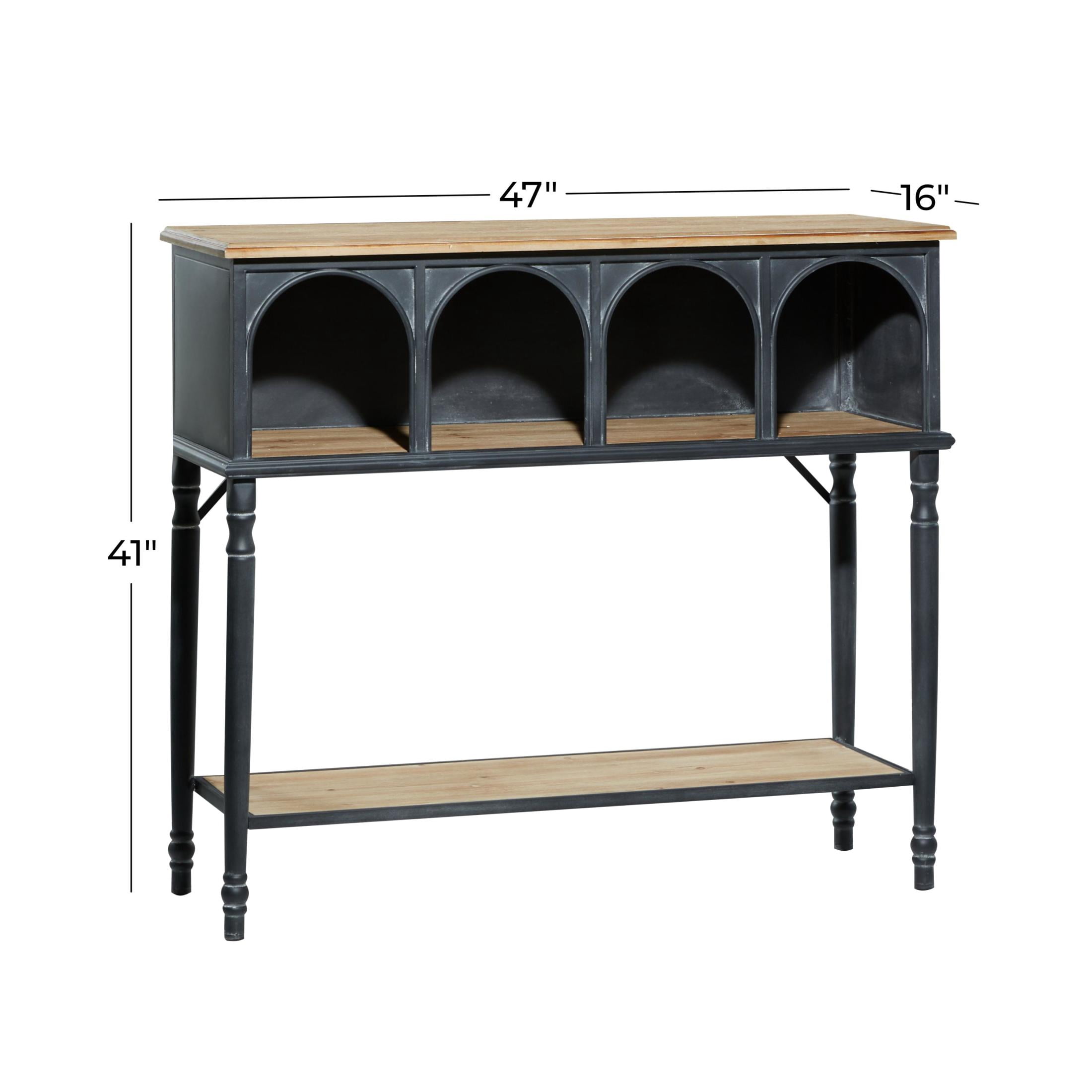 DecMode 47" x 41" Black Metal Arched 2 Shelf and 4 Cubby Console Table with Brown Wood Shelves, 1-Piece