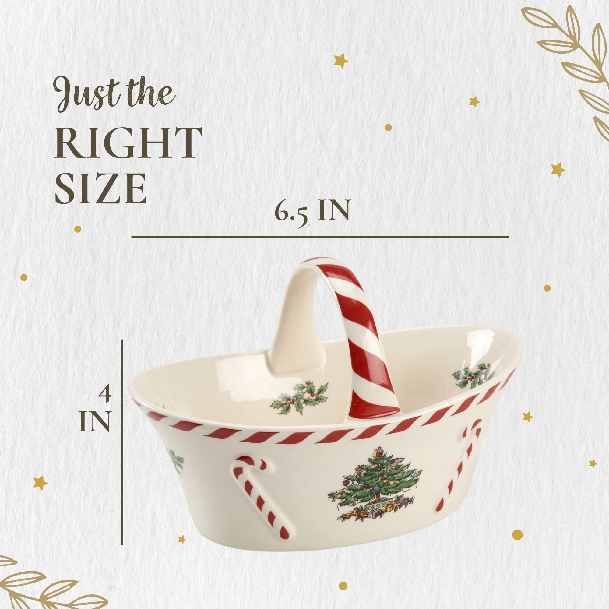 Spode Christmas Tree Candy Basket, 6.5-Inch Candy Bowl with Peppermint Handle for Holiday Snacks, Earthenware Christmas Gift, Festive Serveware & Holiday Display Bowl, Seasonal Décor