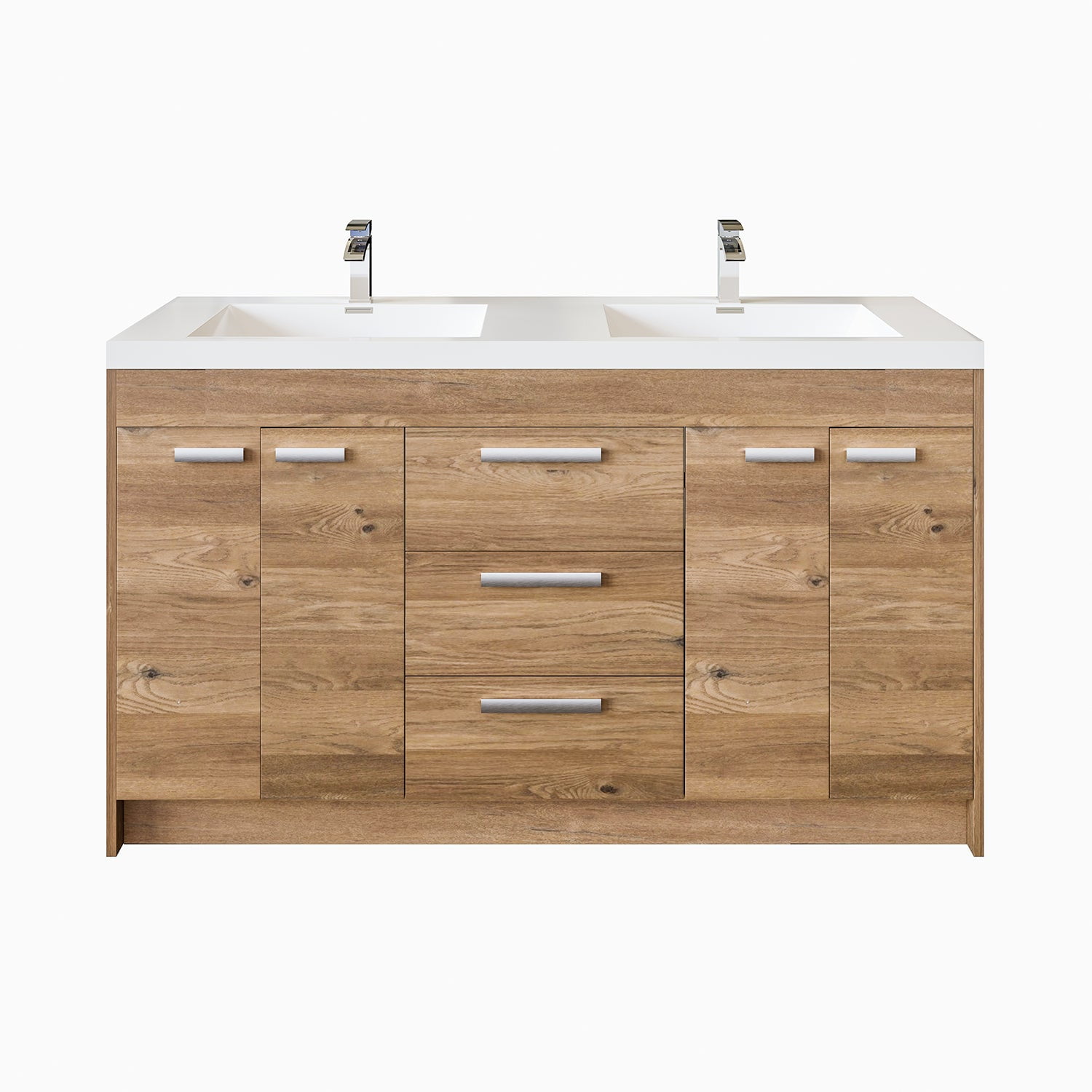 Eviva Lugano 60" Natural Oak Modern Double Sink Bathroom Vanity w/ White Integrated Top