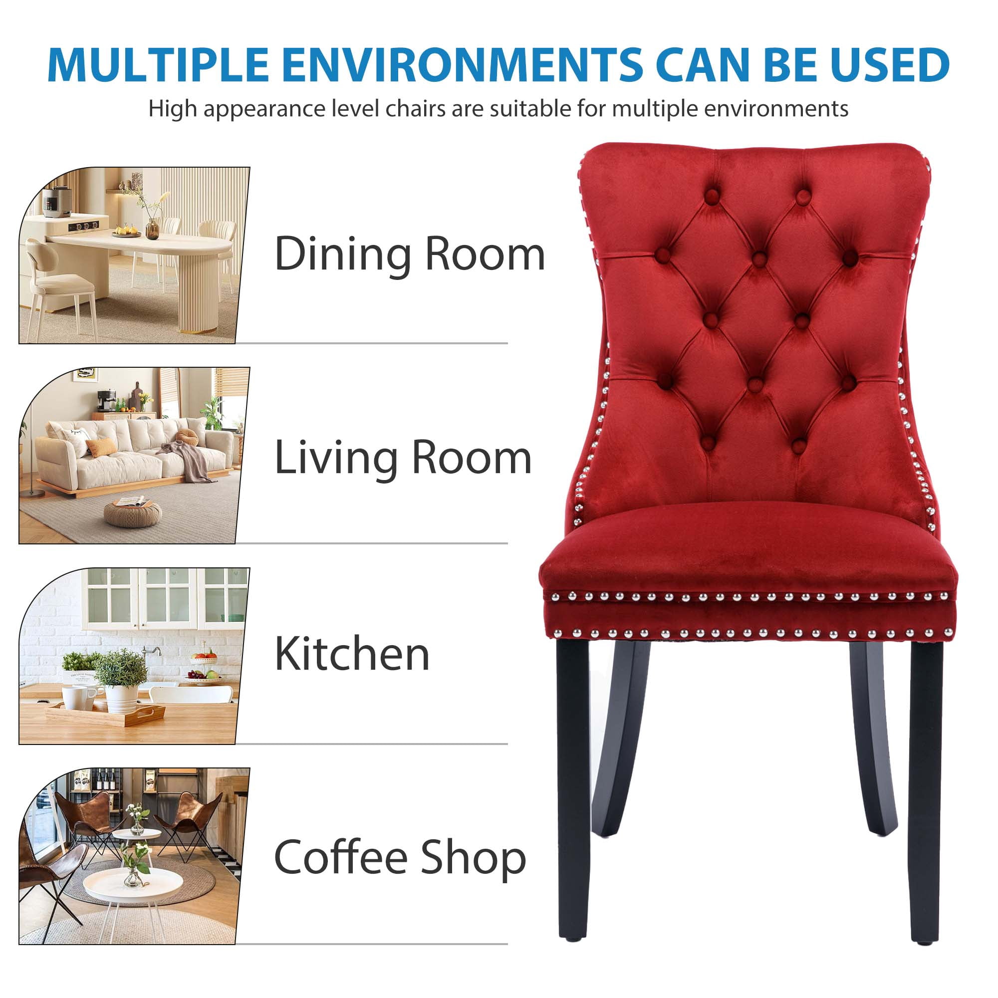 Aukfa High-End Upholstered Dining Chairs Set of 2, Modern Tufted Solid Wood Side Chair with Nailhead Trim - Red