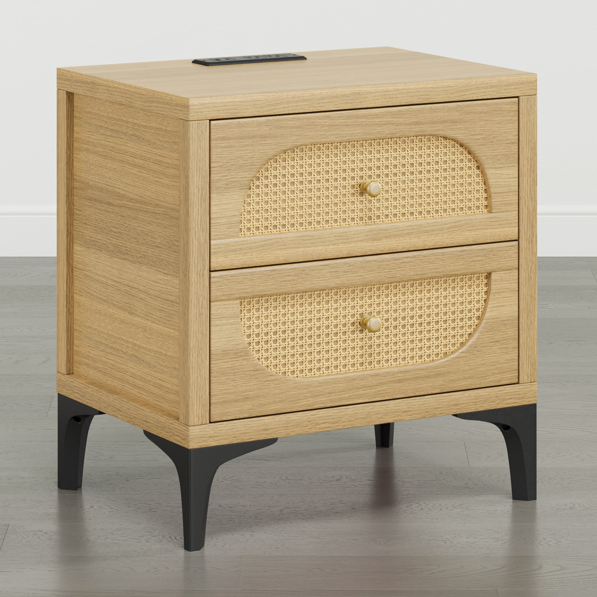 Spruce & Spring Boho Nightstand, 2-Drawer End Table with Charging Station, Rattan Front, Natural Wood Finish
