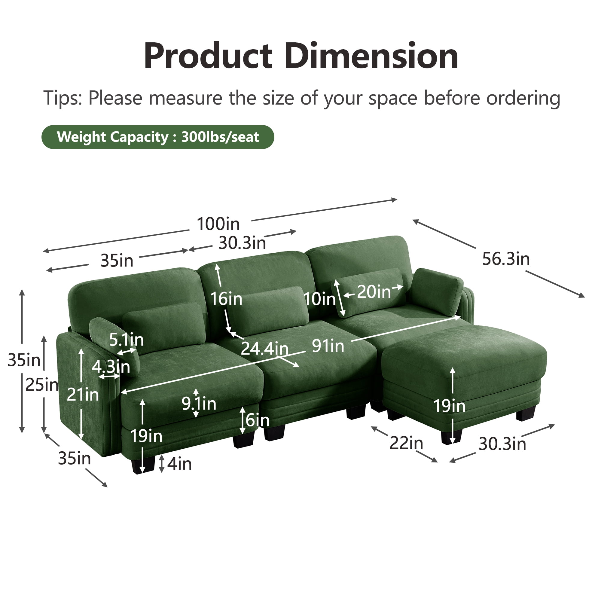 100" L Shape Modern Modular Sectional 3 Seater Sofa Couch with Movable Ottoman and 5 Pillows