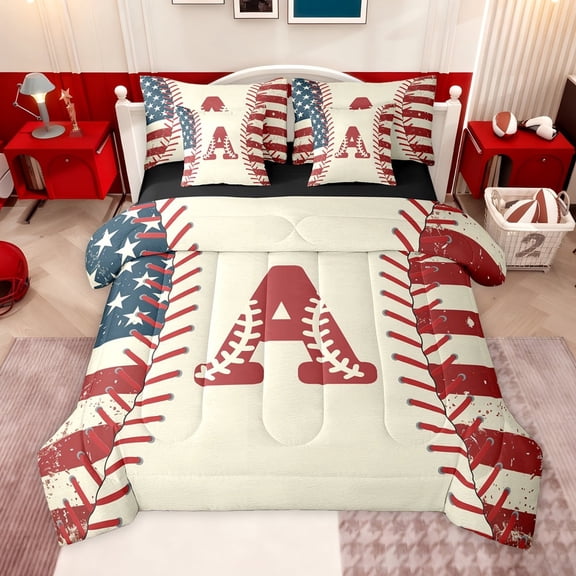 jejeloiu Baseball Games 7-Piece Twin Bedding Sets,Letter A Monogrammed Bedding Comforter Set For Boys Kids Reversible