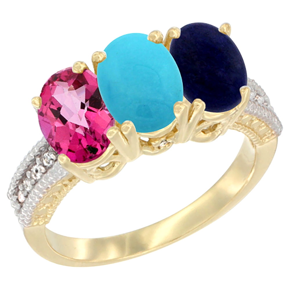 10K Yellow Gold Diamond Natural Pink Topaz, Turquoise & Lapis Ring 3-Stone 7x5 mm Oval, sizes 5 10 by WorldJewels