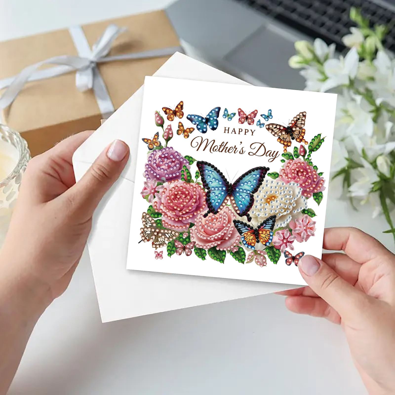 FLOPESN DIY Mother's Day Diamond Art Greeting Card Kit with White Envelope, 5.91X11.81in Flowers Theme, Creative Design Blessing Gift Folding Card Set