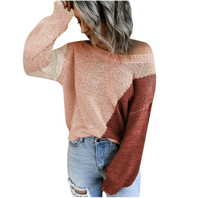 Pompotops Women's Autumn Loose Pullover Long Sleeve Round Neck Color Matching Sweater Top