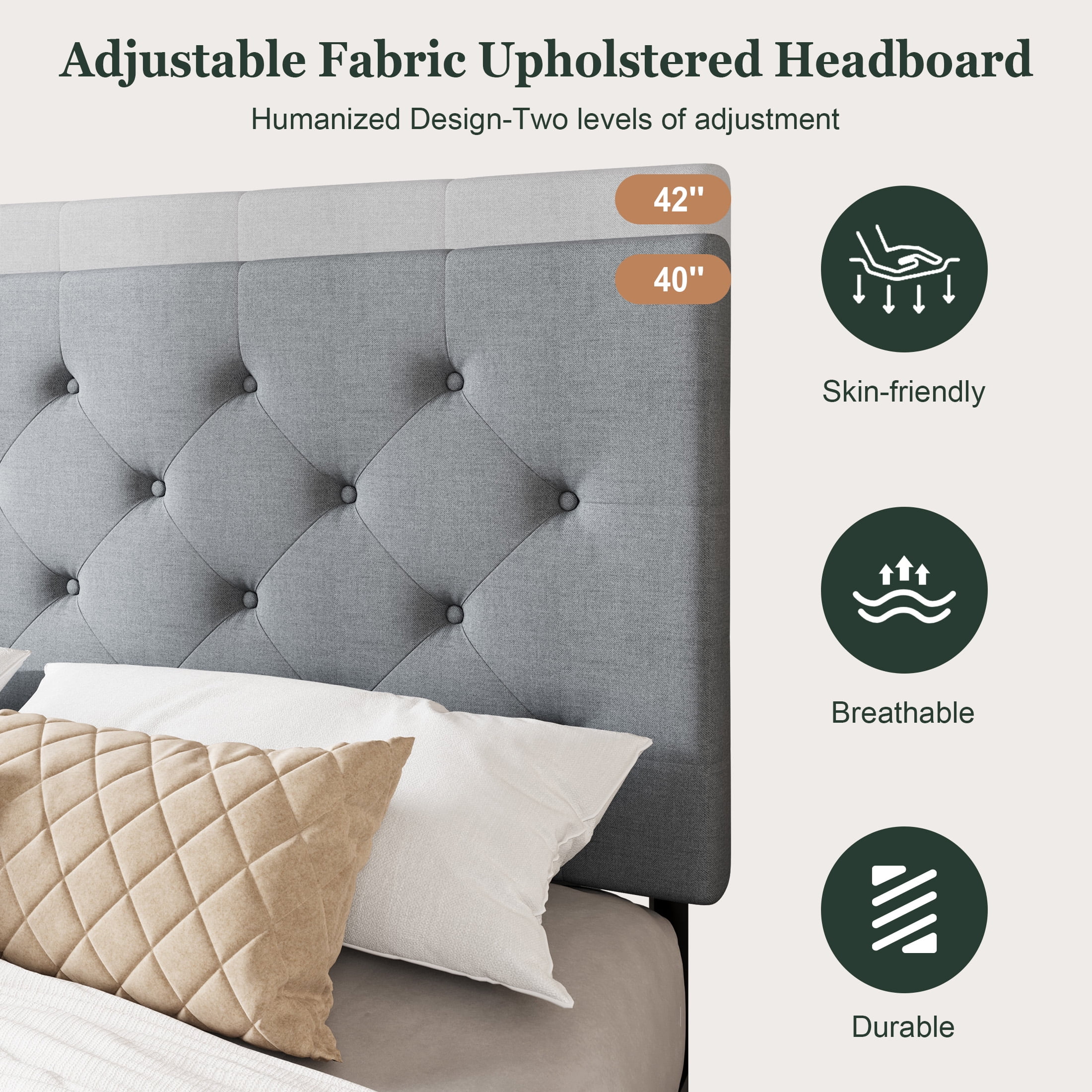 Amolife Full Size Platform Bed Frame with Diamond-stitched Headboard and 4 Drawers, Light Gray
