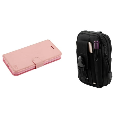 MyJacket Synthetic PU Leather Magnetic Flip Cover Wallet Case (Light Pink) with Tactical EDC MOLLE Belt Bag Pouch and Atom Cloth for iPhone XS