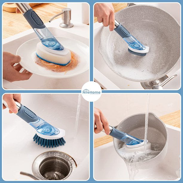Soap Dispensing Dish Brush Set- Kitchen Brush with Stand 4 Brush Heads  Stainless Steel Handle, for Kitchen Brush for Pots and Dishes