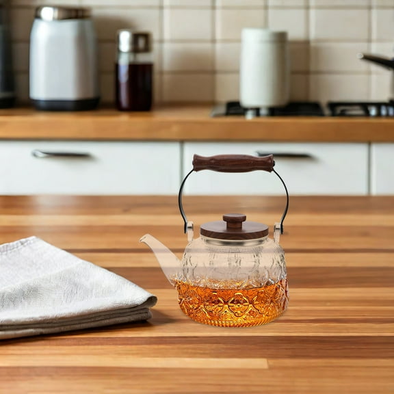 UPOUART 24oz Transparent Borosilicate Glass Teapot with Wooden Handle, Stove Top , and Stylish Design