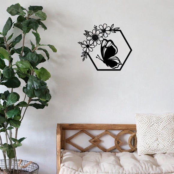 Decoración de pared de mariposa de Metal, decoración de flores, arte, adorno artesanal, hexágono, negro Floral, para porche, interior, baño, Bar,