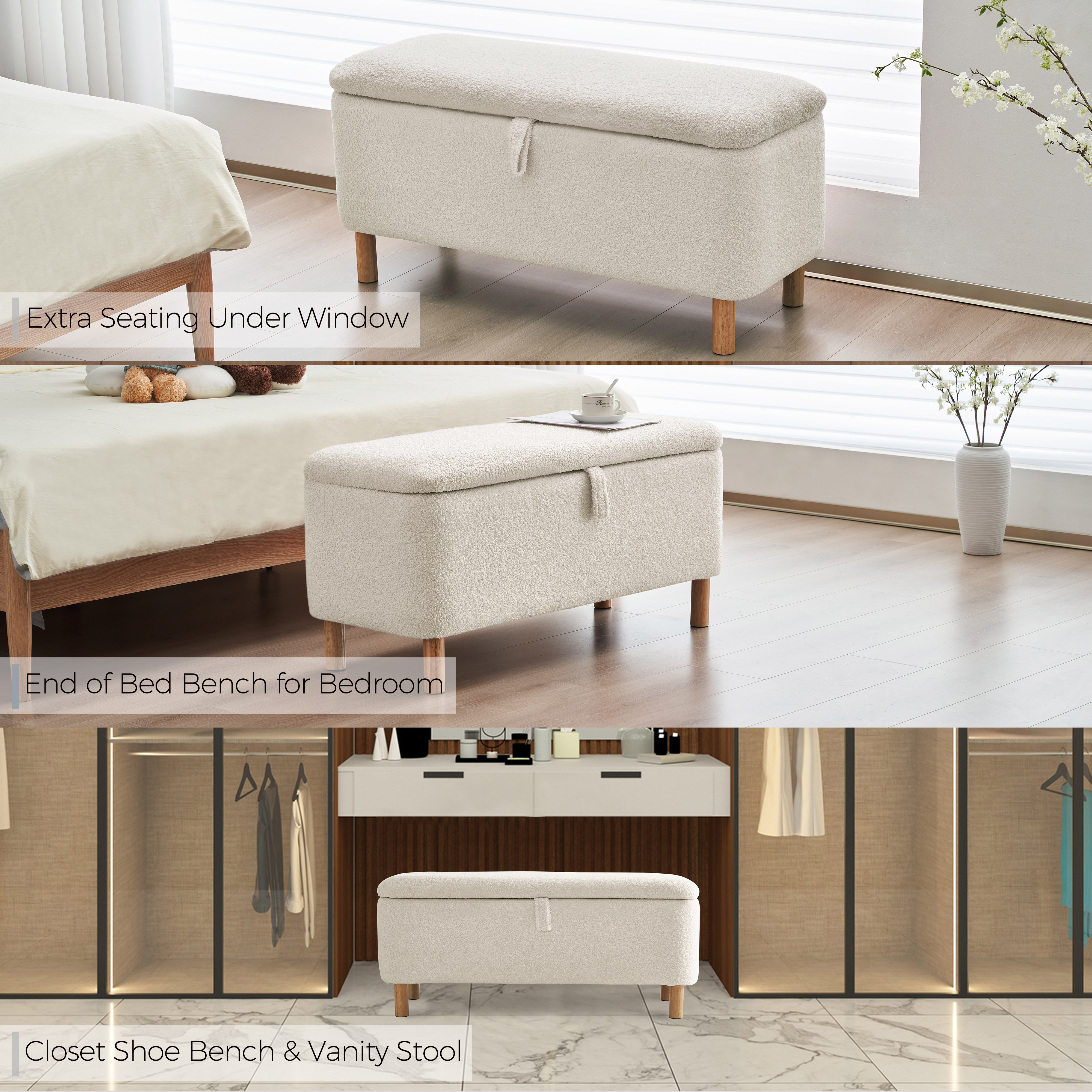 Comfort Stretch 39.3" Length Storage Ottoman Bench for Living Room,White Bedroom Bench with Entryway Storage Rectangular Boucle Foot Rest Stool Padded Seat