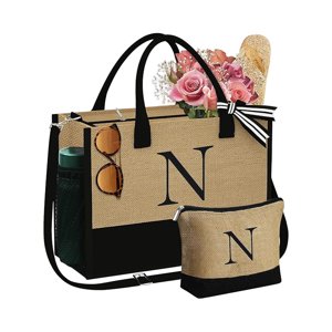 Apmemiss Clearance YOOLIFE Initials Jute Tote Bag and Cosmetic Bag Beach Tote Bag with Zipper Pocket Adjustable Strap Birthday Gift for Women Room Decor