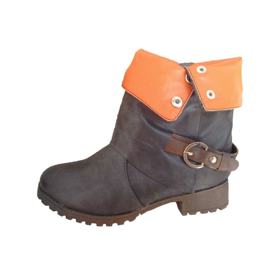 Fesfesfes Faux-Leather Boots for Women Winter Warm Boots Cuffed Shoes Belt Buckle Boots Side Zipper Low Heels Boots 5.5(36)