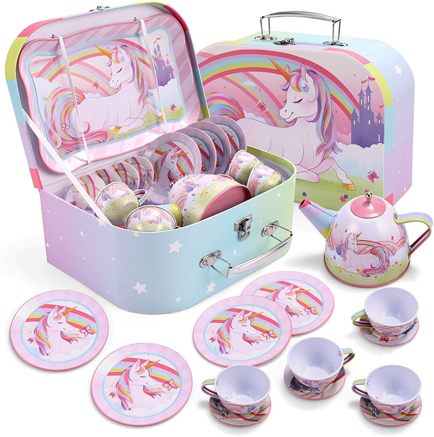 Pretend Play Tea Party Set for Little Girls Tin Tea Set with Pink Party 