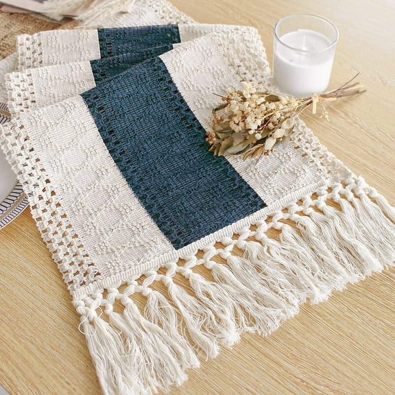 90 Inches Long Farmhouse Rustic Table Runner Cream & Blue Macrame Table Runner with Tassels for Boho Dining Bedroom Decor Rustic Bridal Shower (12x90 Inches)