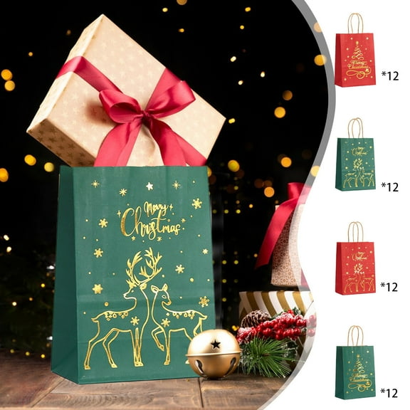 Nkmbld 12Pcs Gift Bags for Presents, Kraft Gift Bags Portable Shopping Bags Stamping Christmas Paper Bags Party Gift Wrapping Bags