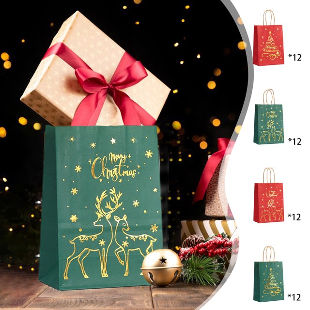 Bolsas de regalo navideñas Kraft pack de 12 • Bolsas de papel Red Merry Holiday • 8,27x5,91x3,15 pulgadas de gran capacidad para envolver y fiesta