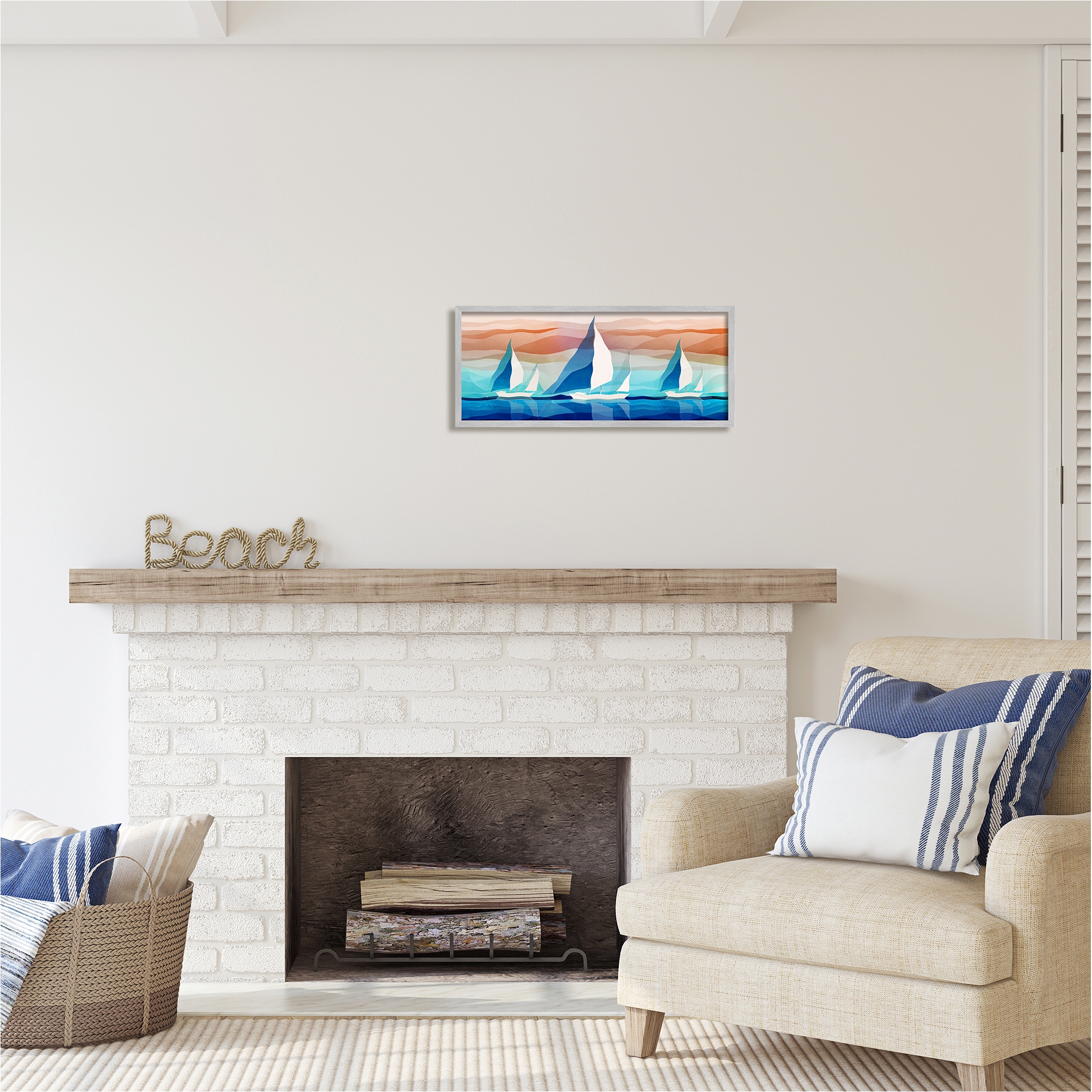 Stupell Industries Geometric Sailboats Scenery Transportation Painting Gray Framed Art Print Wall Art, 24 x 10