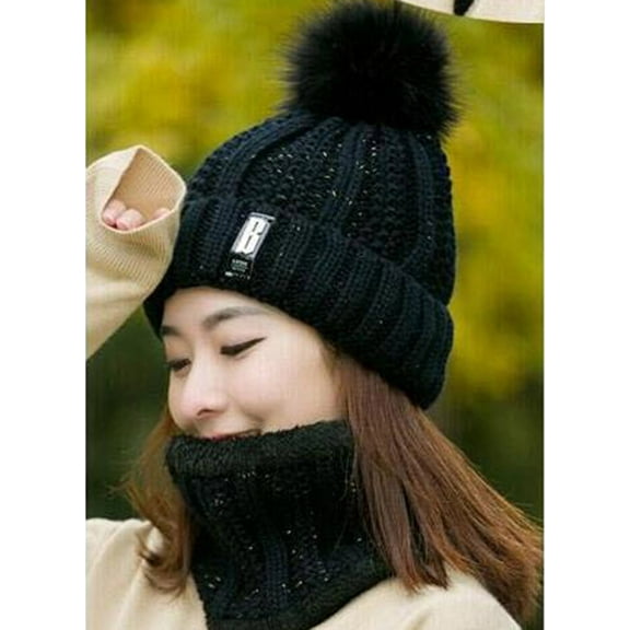 Dyfzdhu Women Warm Winter Hairball Plus Velvet Knitted Beanie Cap Scarf Black