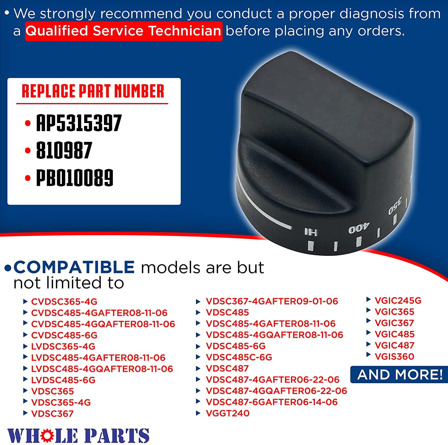 Whole Parts Griddle Knob (Black) Part # PB010103 - Replacement & Compatible With Some Viking Ranges