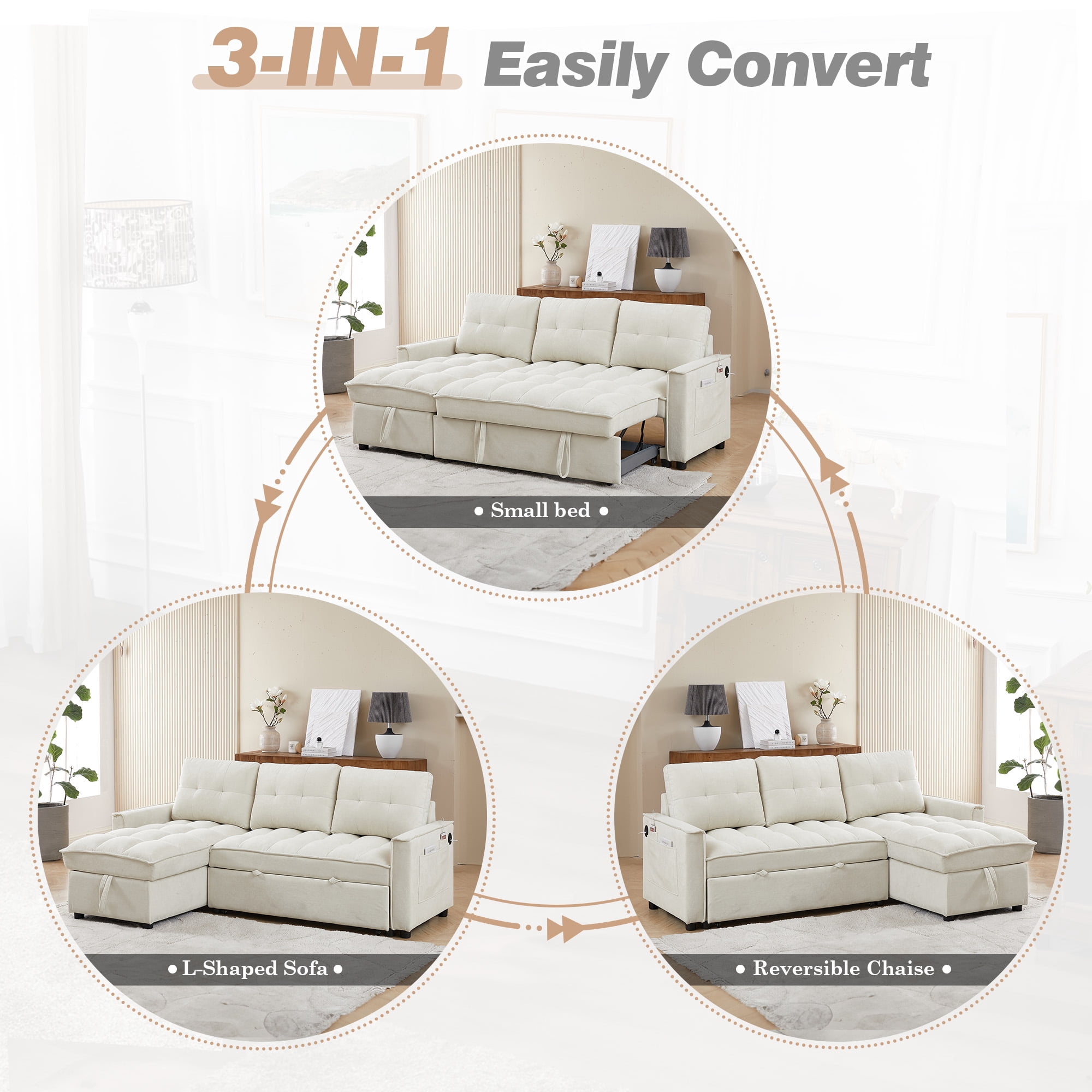 Lunale Convertible Sofa Bed with Reversible Storage Chaise, Sleeper Sectional Sofa with USB Charging Ports, L-Shaped Sectional Sofa for Apartment, Beige Chenille