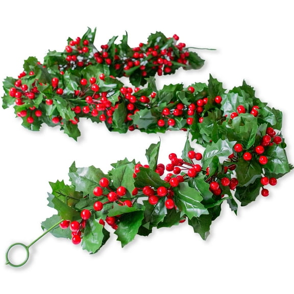 HyeFlora 6FT Red Berry Christmas Garland, Flexible Artificial Holly Greenery Garland with Berries for Indoor Outdoor Home Fireplace Table Runner Centerpiece Decor Winter Xmas New Year Holiday Decor