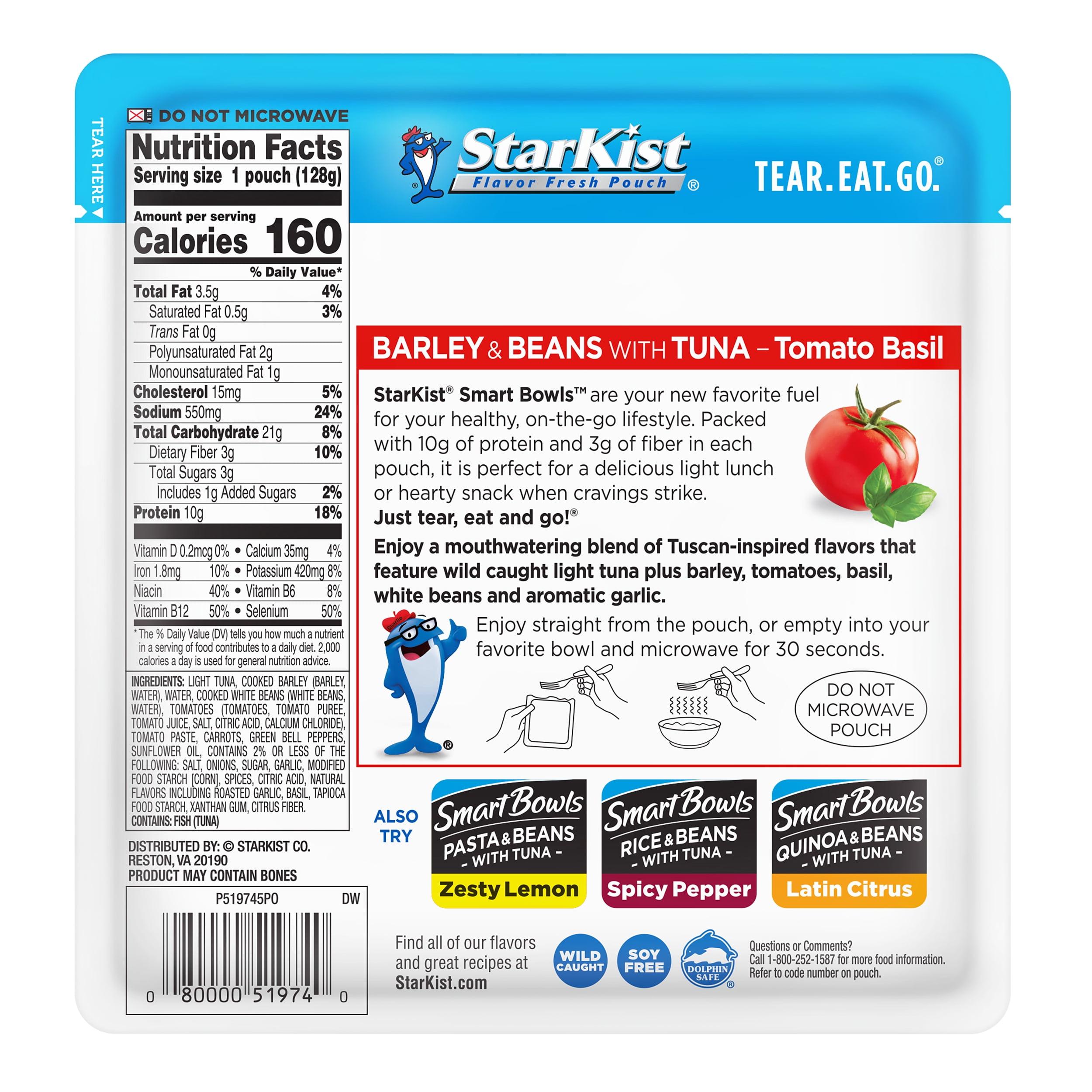 (12 pack) StarKist Smart Bowls Tomato Basil Barley & Beans with Tuna, 10g Protein, 4.5 oz Pouch