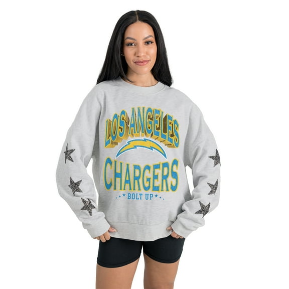 Women's Gameday Couture  Ash Los Angeles Chargers Resilience Relaxed Rhinestone Pullover Sweatshirt
